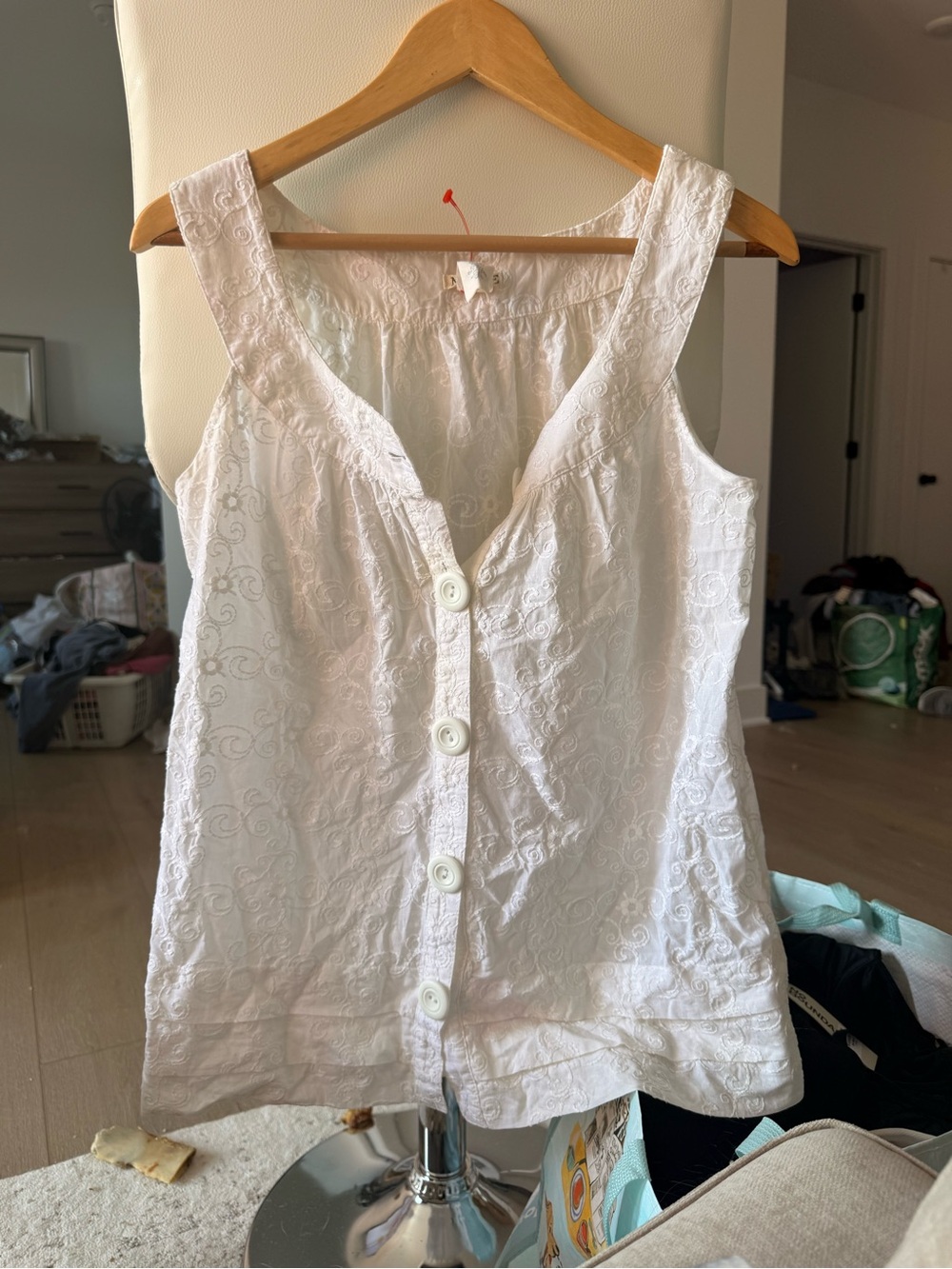 White Eyelet Button-Front Tank Top with V-Neck